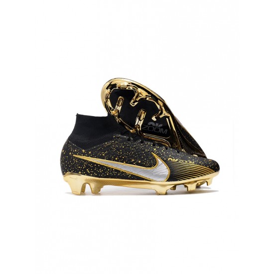 Nike Zoom Mercurial Superfly Ix Elite FG Firm Ground Black Gold White Soccer Cleats