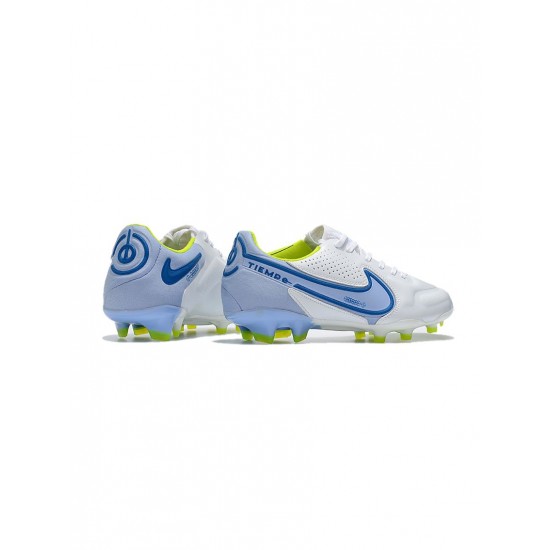 Nike Tiempo Legend 9 Elite FG White Blue Volt Soccer Cleats